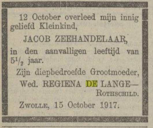 15-10-1917, POZc. Jacob Zeehandelaar, oma Regiena de Lange-Rothschils.jpg