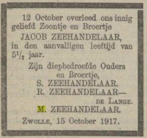 15-10-1917, POZc overlijden Jacob Zeehandelaar.jpg
