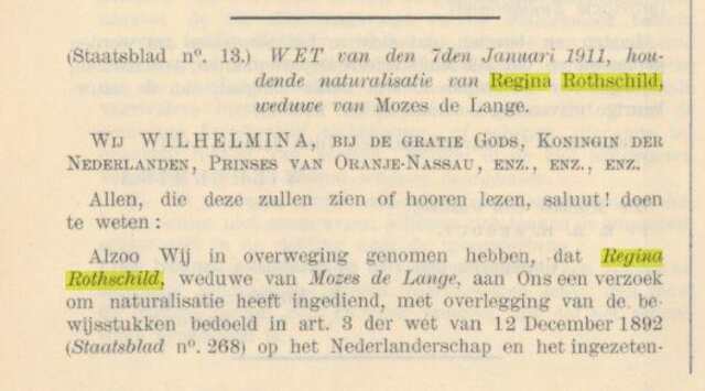 24-1-1911, Nederlandsche staatscourant, Regina de Lange-Rothschild, naturalisatie.jpg