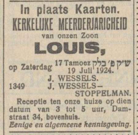 1924 Bar Mitswa Louis J Wessels zn v Jacob - Stoppelman.JPG
