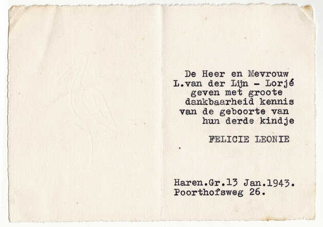 Geboortekaartje van Félicie van der Lijn
