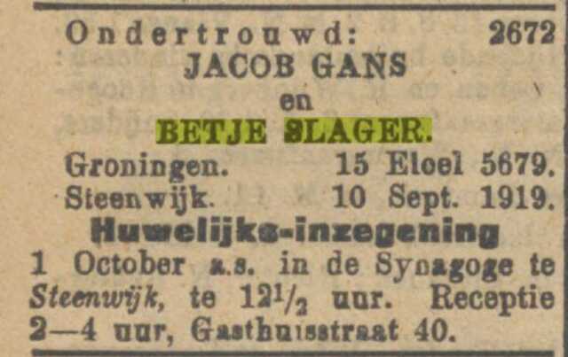 12-9-1919, NIW ondertrouw Betje Slager en Jacob Gans.jpg