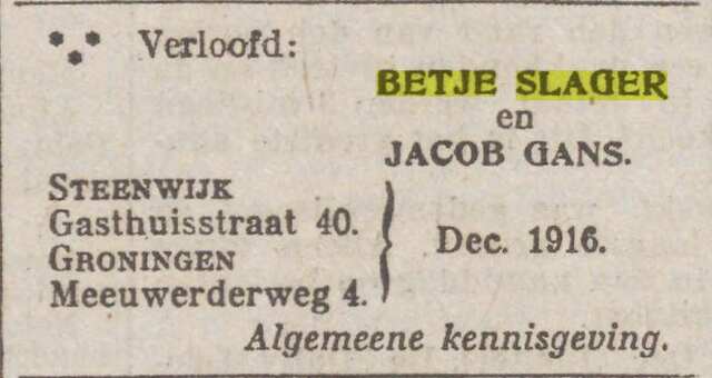 22-12-1916, Nieuwsblad van het Noorden verloving Betje Slager en Jacob Gans.jpg