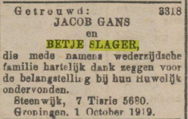 3-10-1919, NIW trouwbericht Betje Slager en Jacob Gans.jpg