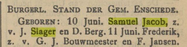 Tubantia, 15-6-1905 geboortebericht Samuel Jacob Slager.jpg