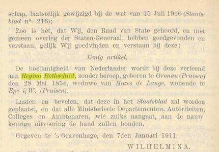 24-1-1911, Nederlandsche staatscourantnaturalisatie Regina Rothschild.jpg