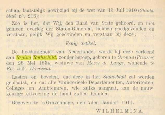 24-1-1911, Nederlandsche staatscourantnaturalisatie Regina Rothschild.jpg