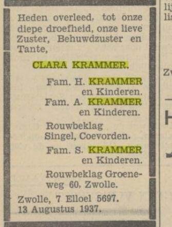 Overlijdensadvertentie Clara Krammer 1937.jpg