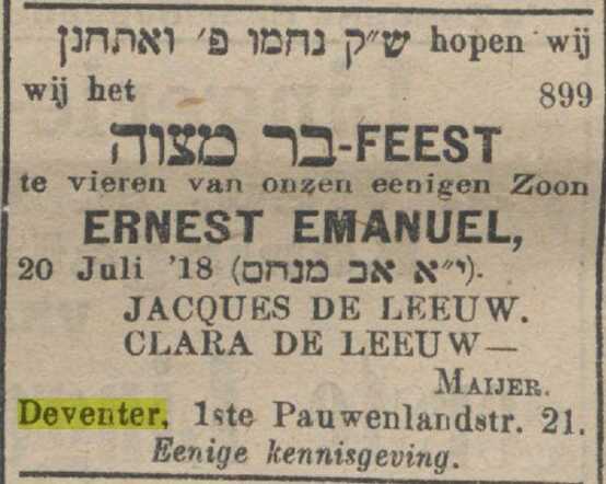 adv Bar Mitswa Ernest Emanuel de Leeuw (zoon Jacques 1872) NIW 12-7-1918.jpg