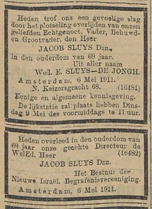 29 Overlijden Jacob Sluys Dzn Algemeen Handelsblad 08-05-1911.JPG