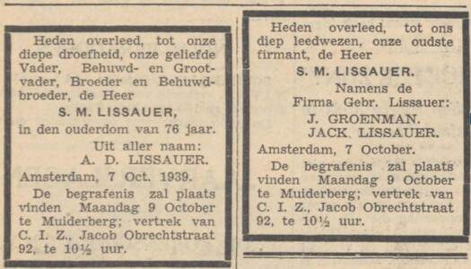 34 Overlijden van Salomon Mozes Lissauer oktober 1939 Alg. handelsblad 10-10-1939.JPG