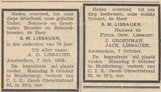 34 Overlijden van Salomon Mozes Lissauer oktober 1939 Alg. handelsblad 10-10-1939.JPG