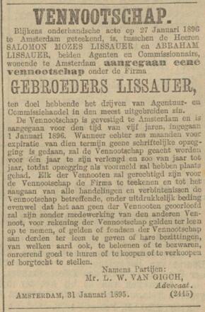 36 Salomon Lissauer en broer richten vennootschap op Alg. handelsblad 02-02-1896.JPG