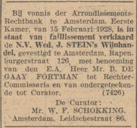 Faillisement Wijnhandel Stein 18-02-1928 Alg. Handelsblad.JPG