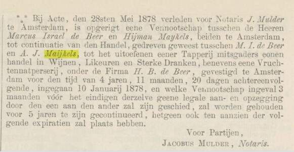 Ned. Staatscourant 01-06-1878 van over opnieuw een vennootschap De neer en Maijkels.JPG