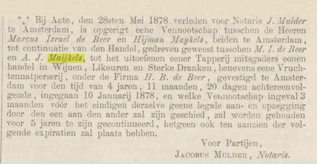 Ned. Staatscourant 01-06-1878 van over opnieuw een vennootschap De neer en Maijkels.JPG