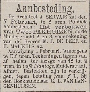 Nieuws v.d. Dag aanbesteding twee panden Muidergracht. 28-01-1881.JPG