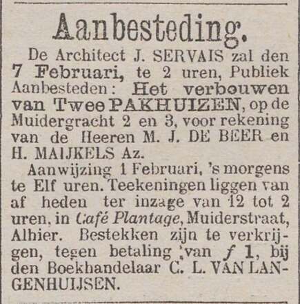 Nieuws v.d. Dag aanbesteding twee panden Muidergracht. 28-01-1881.JPG