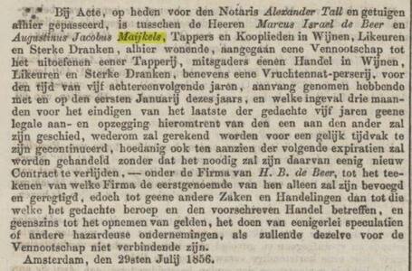 Samenwerking De Beer en Maijkels Ned. Staatscourant 02-08-1856.JPG
