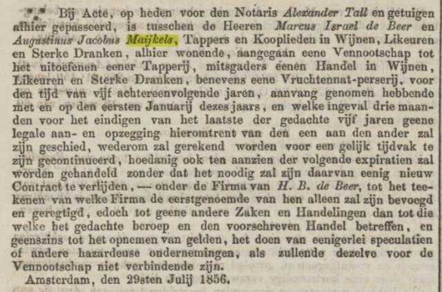 Samenwerking De Beer en Maijkels Ned. Staatscourant 02-08-1856.JPG