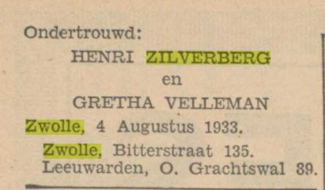 Ondertrouw Henri Zilverberg en Grietje Zilverberg-Velleman.