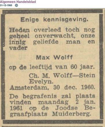 Overlijdensadvertentie Max Wolff