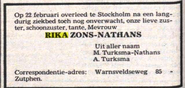 Obituary for Rika Zon-Nathans.
