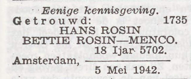 Betje Rosin-Minco huwelijksadvertentie het Joodsche Weekblad 8-5-1942