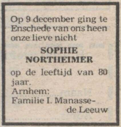 NIW overlijdensadvertentie Sophia Northeimer