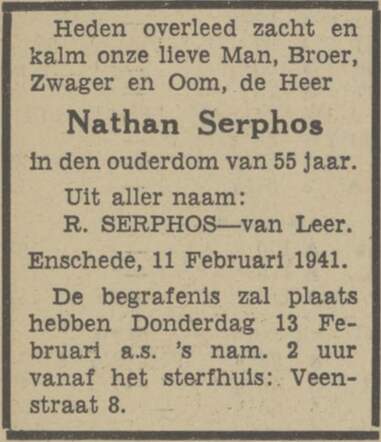 Overlijdensadvertentie van Nathan Serphos