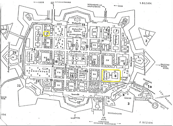 Knipsel plattegrond Theresienstadt met adressen waar Jacoba en Abraham hebben gewoond.GIF