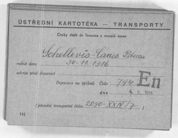 Transportkaart van Rebecca Schellevis - Canes naar Theresienstadt. (Ghetto Theresienstadt Card File).jpg