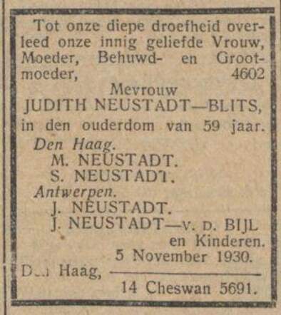 Neustadt-Blits, Nieuw Israelietisch Weekblad 7 nov 1930.jpg