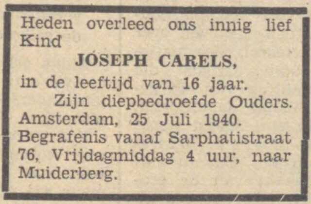 Overlijdensadvertentie Joseph Carels