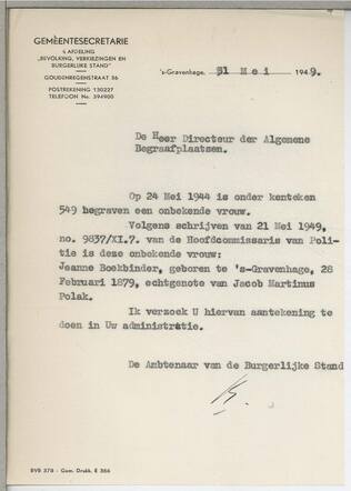 Jeanne Polak Boekbinder begraafplaats 31 mei 1949