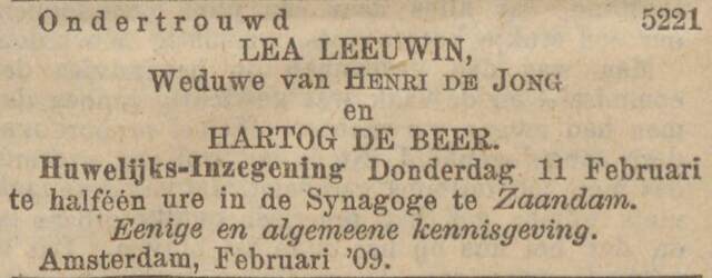 Ondertrouwd: Lea Leeuwin en Hartog de Beer op 5 februari 1909