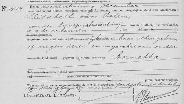 Annetta v. Volen geboorte erkenning, 1913