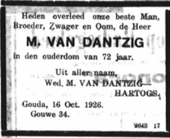 De overlijdensadvertentie van Mozes van Dantzig.