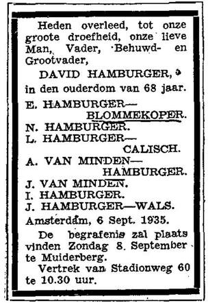 Overlijdensadvertentie David Hamburger 6-9-1935