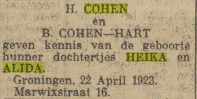Aankondiging van geboorte Alida en Heika Cohen