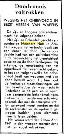 Bericht in de krant betreft het doodvonnis van Artur Natt