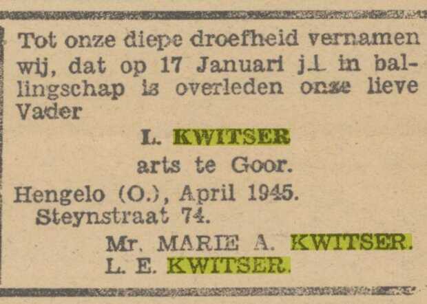 Overlijdensadvertentie Levie (Louis) Kwitser