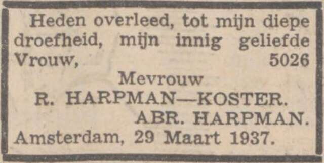 Familieadvertentie overlijden Rebecca Harpman-Koster