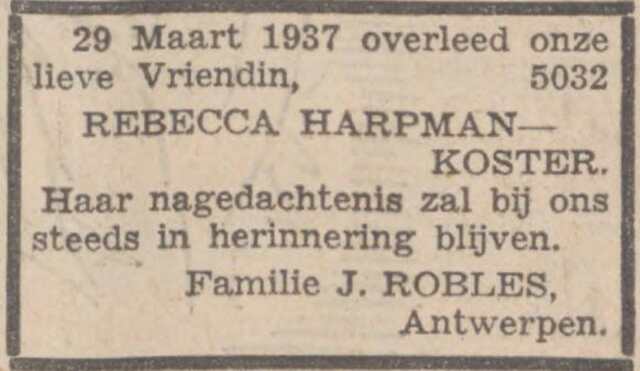 Familieadvertentie overlijden Rebecca Harpman-Koster