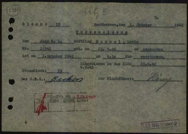 Overlijdensakte Mauthausen Levie Mossel
