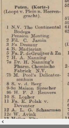 Korte Poten 7 B Haags adresboekje 1938-39 M. Pool's delicatessenhuis.PNG