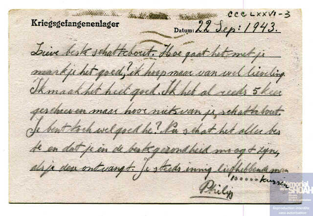 Postkaart Philip dd. 22/9/43 aan Schoontje in Drancy