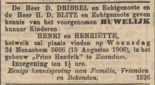 1906 huwelijk Henrie en Henriette Dribbel-Blitz.JPG