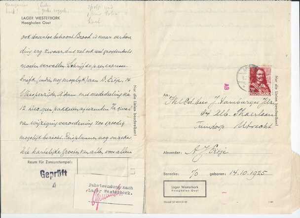 Brief Abraham Joseph Eitje uit Westerbork  - pagina 1