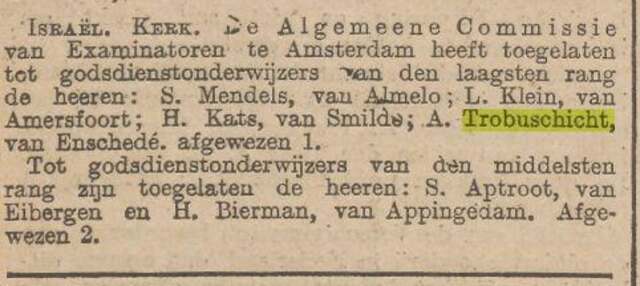 Krant 27-7-1903 A. Trobuschicht (broer Chaje T.) toegelaten tot godsdienstonderwijzers .jpg